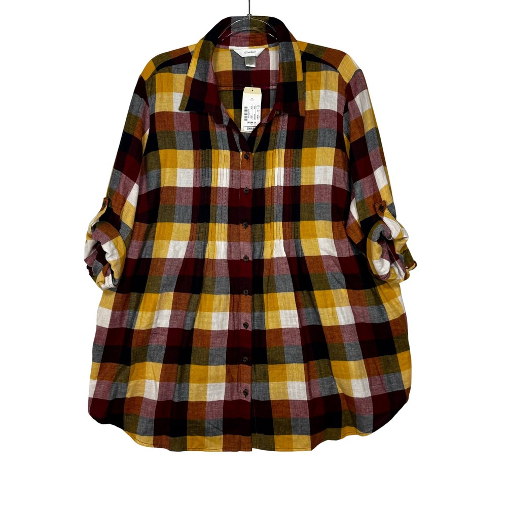 CJ Banks Plaid Button‎ Up Women 2X Yellow Burgundy New Pintuck Roll Tab Shirt